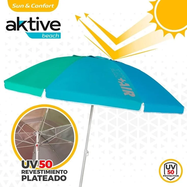 AKTIVE Strandschirm 220 cm, großer Sonnenschirm, belüftetes Dach, 28-32 mm Mast, UV 50 Schutz, mehrfarbiges Design, inkl. Aufbewahrungstasche (62222) – Bild 4