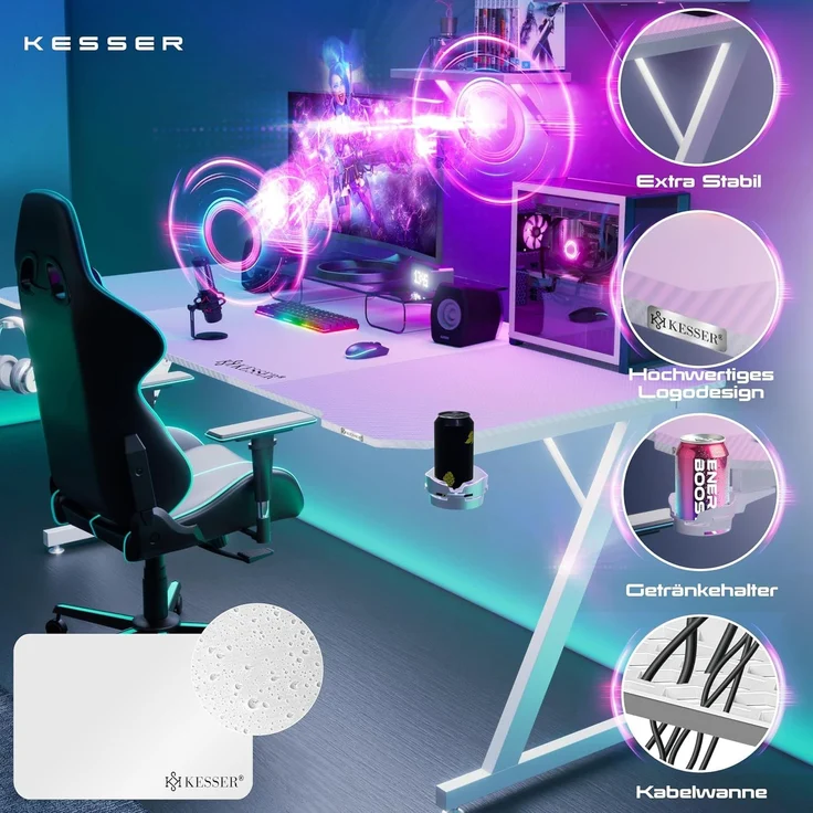 KESSER® Gaming Tisch LED | Z-Form Gamer Schreibtisch | Kopfhörerhaken & Kohlebeschichtung | Ergonomischer PC Computertisch | Stabiler Tisch mit Mauspad & Getränkehalter Weiß Carbon, 160 x 60 cm – Bild 3