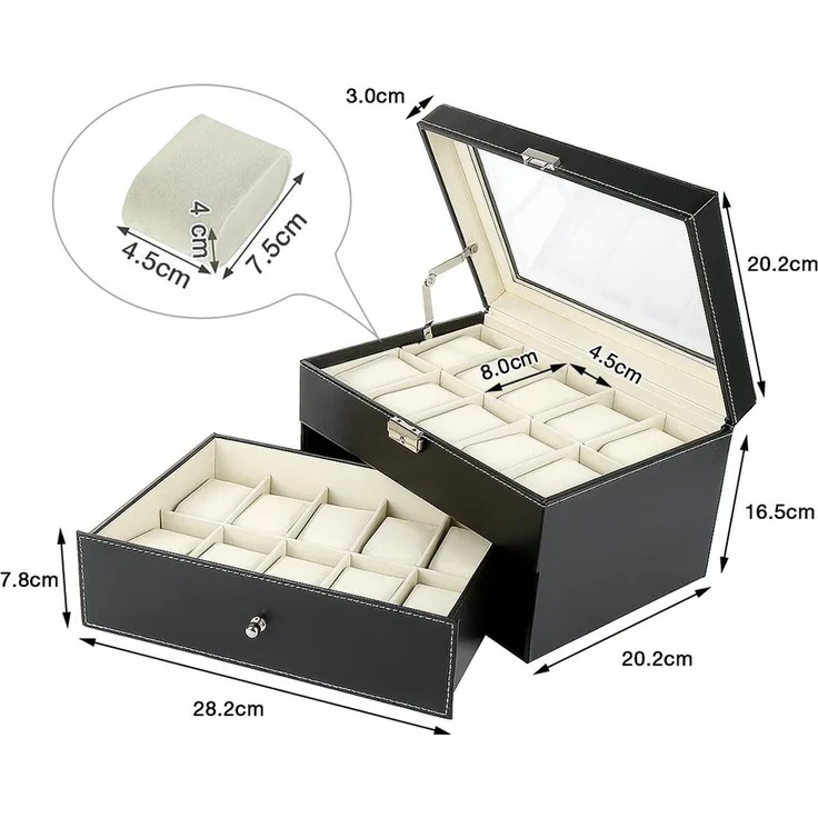 JEOBEST Geschenkbox Uhrenbox mit 20 Fächern, Uhrenkasten mit Glasdeckel, (1 St, 2 Ebenen) abnehmbare Polster, 1 Schublade