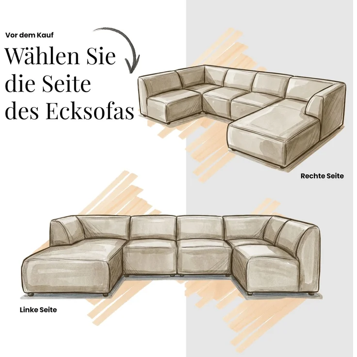 Modulares XXL-Ecksofa MODARO 5M, U-Form, Wohnlandschaft, 5-teilig, freistehend, Wohnzimmer Couch, HR-Schaumstoff - Orange Plüsch - Rechts – Bild 12
