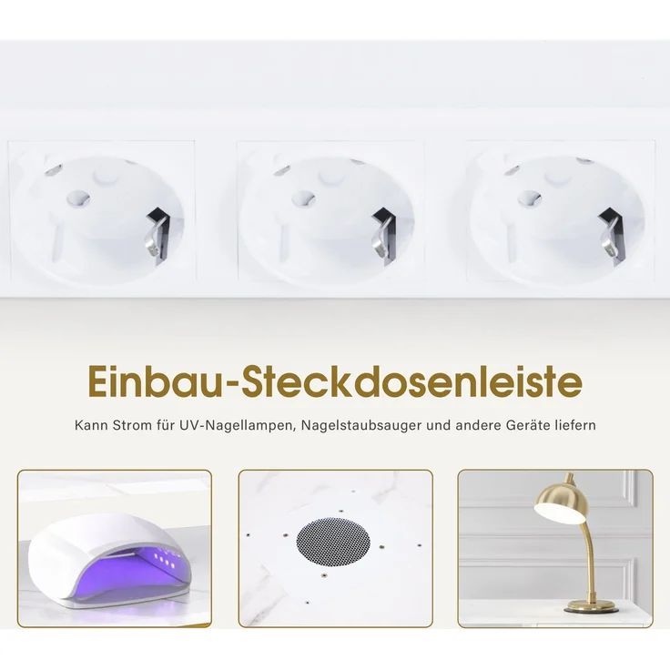 BarberPub Manikürtisch mit 3 Schubladen & 2 Ablagen, Nageltisch mit Absaugung, 2 Staubsaugerbeuteln, Nagelfrisiertisch Holz, Schreibtisch für Nagelstudio, Marmor-Weiß Gold, 57x112x80cm, 2472 – Bild 6