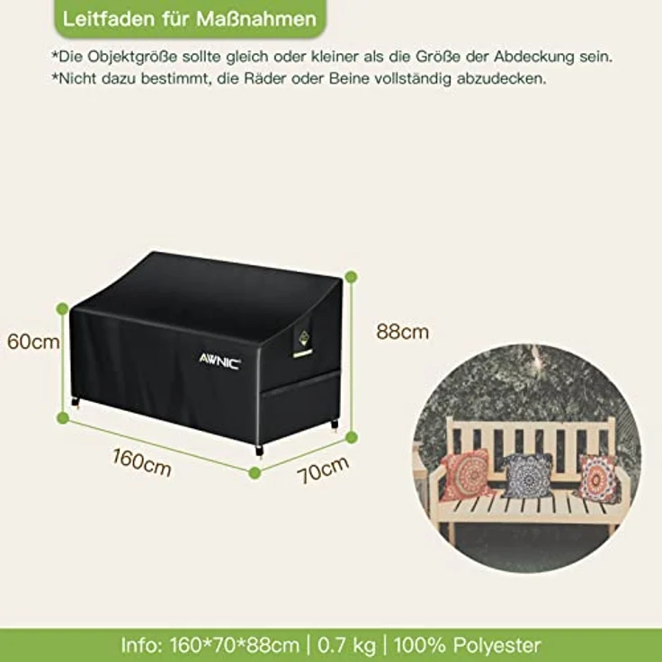 Awnic Gartenbank Abdeckung Hülle für Schutzhülle Abdeckplane Gartenbank Wasserdicht 420D Polyester 3 Sitzer 160X70X60/88cm – Bild 3
