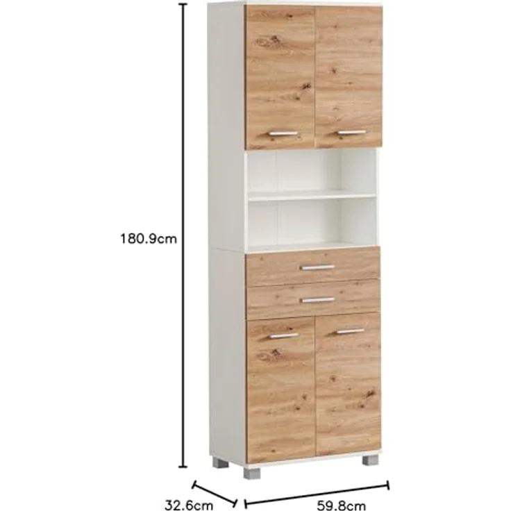 Schildmeyer Hochschrank Palermo, Holzwerkstoff, Mattweiß/Artisan Eiche Dekor, 59,8 x 23,6 x 180,9 cm (B/T/H) – Bild 4