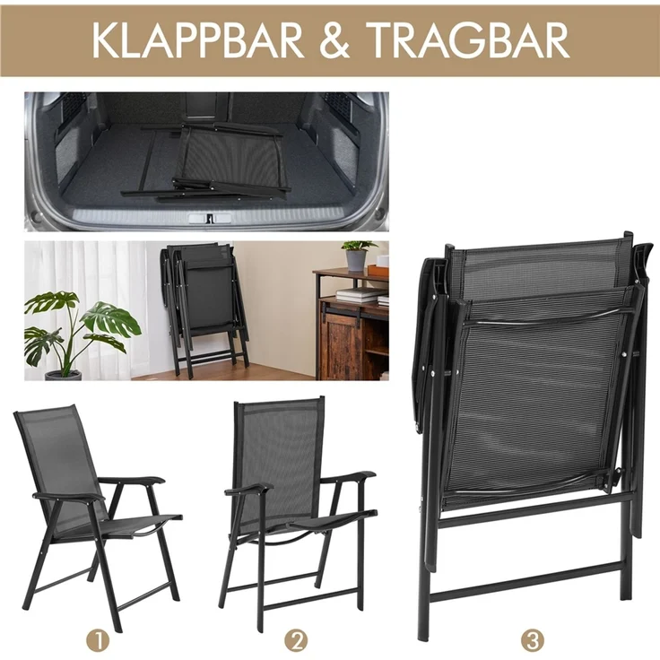Yaheetech 2er Set Gartenstühle mit Armlehnen, klappbar, bis 150 kg, Metall Schwarz – Bild 8