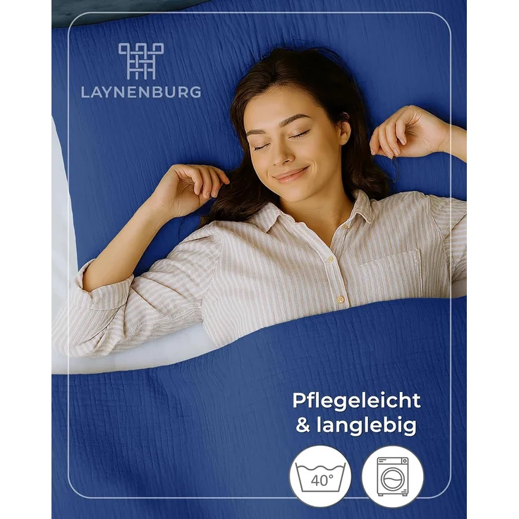 Laynenburg Bettwäsche Musselin aus 100% Baumwolle in 135x200 oder 155x220 cm, atmungsaktiv & bügelfrei – 3 lagig mit Reißverschluss & Haltebändern – Bild 7