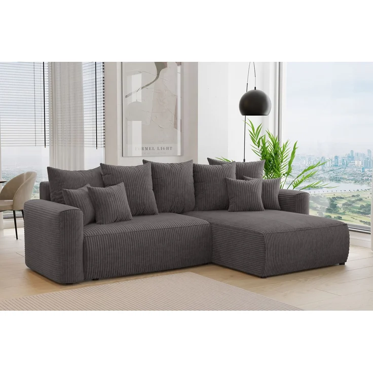 MEBLINI Schlafcouch mit Bettkasten - 260x160x78cm - Dunkelgrau Cordstoff - BALI - Kleines Ecksofa mit Schlaffunktion - Sofa mit Relaxfunktion und Kissen - Kleine Couch L-Form - Eckcouch – Bild 2