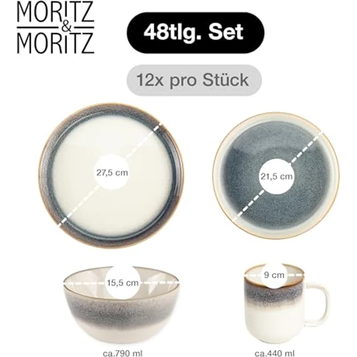 Moritz & Moritz Kombiservice TARENTO 48tlg Geschirr Set (48-tlg), 12 Personen, Steinzeug, Steinzeug Tafelservice – Bild 3