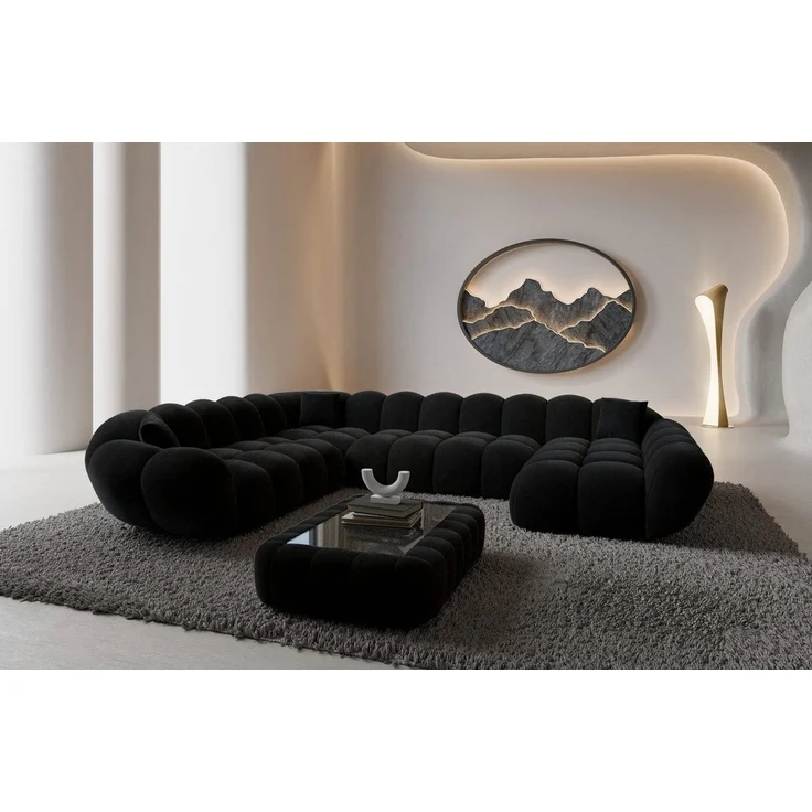 Sofa Dreams Wohnlandschaft Maleron XXL Polster Couch, Stoffsofa, 6-Sitzer, Ottomane rechts, Samtstoff in Schwarz – Bild 5