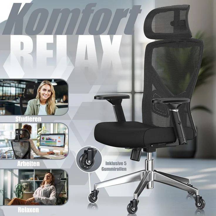 KESSER® Bürostuhl mit verstellbaren Armlehnen | Drehstuhl mit Lendenwirbelstütze Rückenschonend | Schreibtischstuhl ergonomisch mit Kopfstütze | Office Chair Wippfunktion bis 125° mit 5x Gummirollen Schwarz / Silber – Bild 7
