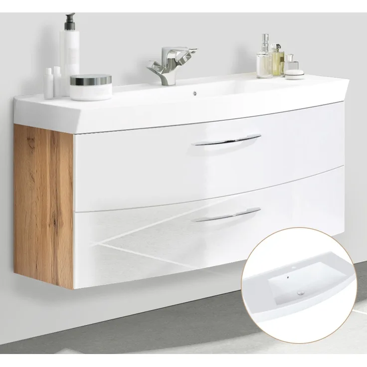 Waschtisch mit Unterschrank 120cm FLORIDO-03-OAK in Wotaneiche Nb. mit weiß Hochglanz, B/H/T: ca. 120/54/47cm