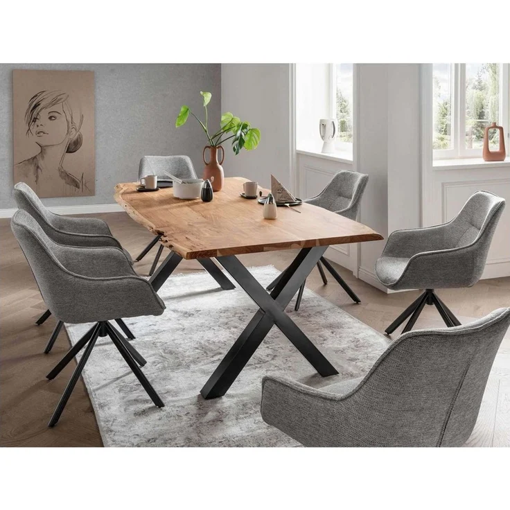 bene living Esszimmer-Set Baumkantentisch Catania und 6er Set Diningsessel San Carlo hellgrau, (Indoor-Möbelset, 7-St), Akazienholz-Tischplatte - drehbare Diningsessel – Bild 5