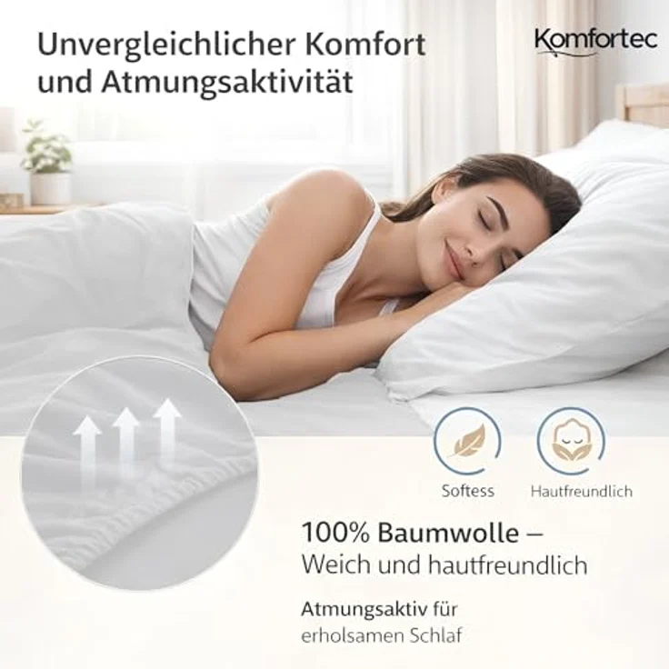 Komfortec Spannbettlaken Jersey, 100% Baumwolle, 90x200 cm, weich, atmungsaktiv, hautfreundlich, Oeko-Tex zertifiziert, rundum mit Gummi, weiß – Bild 3