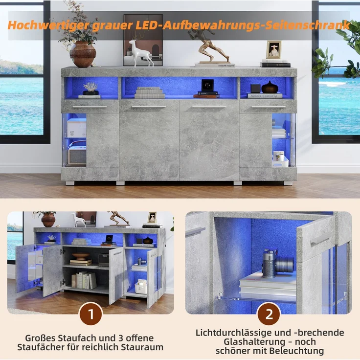 DESVIAE Sideboard mit LED-Beleuchtung und Glastüren, 140x70x40 cm, MDF und Spanplatte, Grau – Bild 5