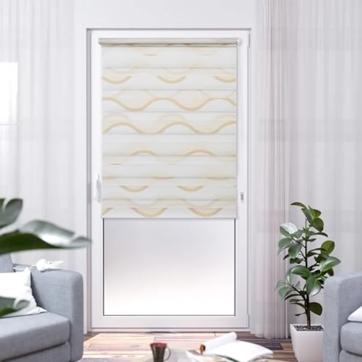 Doppelrollo Wellen Design, K-HOME, Lichtschutz, ohne Bohren, freihängend, Klemmfix, Bedruckt mit Muster – Bild 1