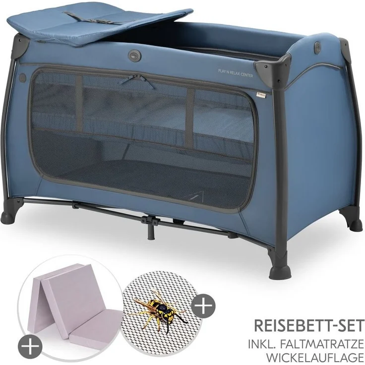 Hauck Baby-Reisebett Play'n Relax Center - Dark Blue, Babyreisebett mit Matratze, Insektenschutz, Wickelauflage, Einhang – Bild 1