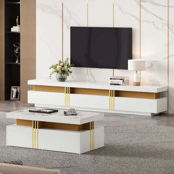 EINHOM Weißes TV-Wandschrank-Set, Wohnzimmer-Wandschrank-Set, Couchtisch + TV-Schrank, Multifunktionales Aufbewahrungsset