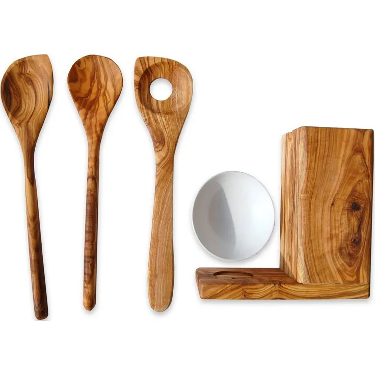 Olivenholz-erleben Kochbesteck-Set ALL-IN (Set, 5-tlg, 2 Kochlöffel, Keramikschälchen, Risottolöffel, Utensilienbox), Inkl. Bestecke