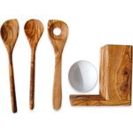 Olivenholz-erleben Kochbesteck-Set ALL-IN (Set, 5-tlg, 2 Kochlöffel, Keramikschälchen, Risottolöffel, Utensilienbox), Inkl. Bestecke