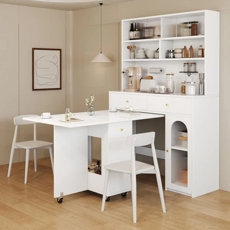 EINHOM Küchenschrank Set mit Klappbarem Esstisch und Bartisch, Mobiler Esstisch auf Rollen, Hochschrank mit Stauraum, Möbel Set für Küche, Esszimmer und Wohnzimmer, Weiß – Bild 1