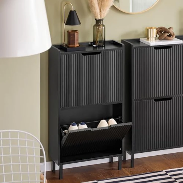 SoBuy Schuhschrank FSR177-Sch, Schuhkipper in Schwarz, Holzwerkstoff und Metall, 50x90x19 cm, 2 Klappen, mit Ablagefläche – Bild 2