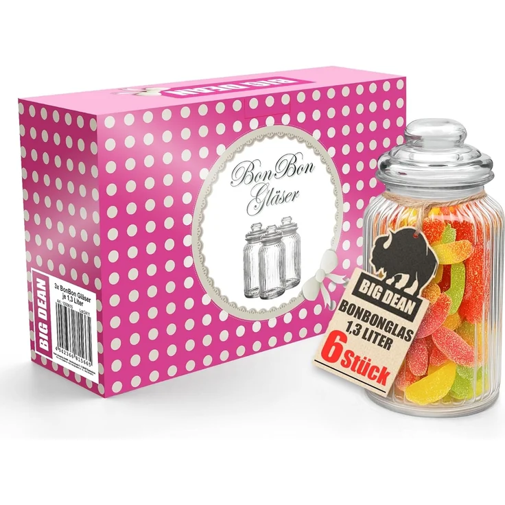 BigDean Bonbonglas 6x 1300ml Bonboniere Bonbonglas mit Deckel in Geschenkbox Vorratsgläser Spülmaschinfest Candy Bar Gläser