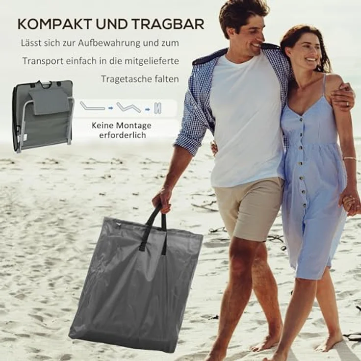 Outsunny Strandmatte 2er Set, Faltbare Strandliege mit Kopfkissen, 5-stufig höhenverstellbare Strandmatratze, Grau, inkl. Tragetasche und Stahlrahmen – Bild 5