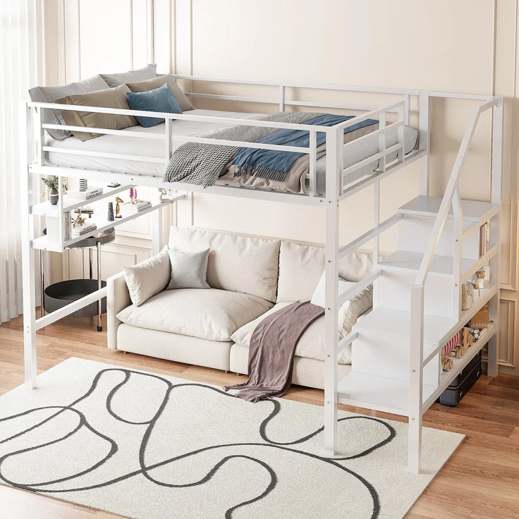 Hochbett mit Lattenrost, 140x200 cm, Metallbett mit Rausfallschutz, Regal, Treppe, Jugendbett, Kinderbett – Bild 1