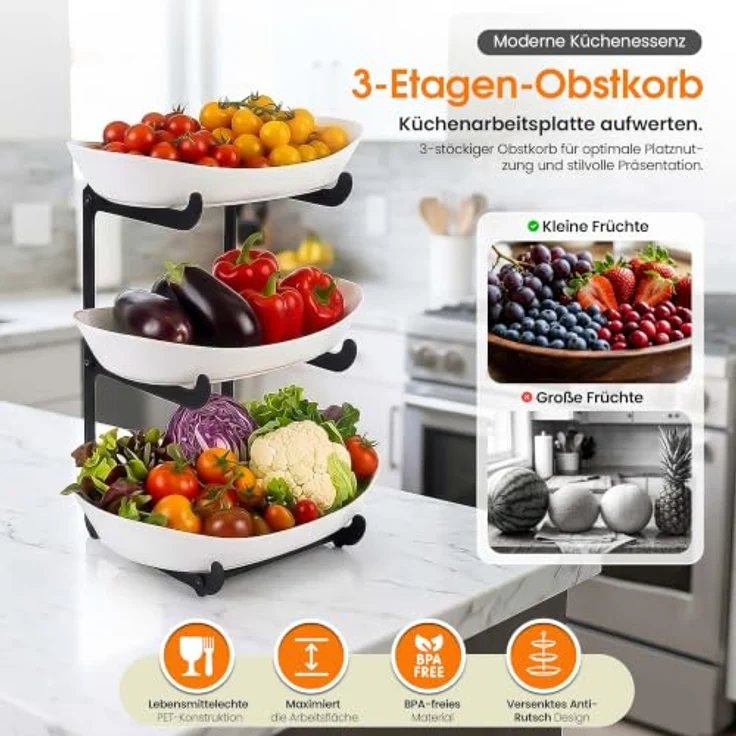 Roxlin Etagere Obstkorb 3-Etagen, Obstständer für Küchenarbeitsplatte, schwarz – Bild 2