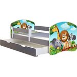 ACMA Kinderbett Jugendbett mit Einer Schublade und Matratze Grau mit Rausfallschutz Lattenrost II (02 Animals, 160x80 + Bettkasten)