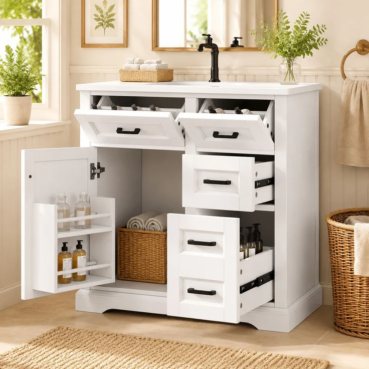 76 x 47 x 82 cm; bodenstehender Waschtischunterschrank; lackierte Oberfläche; Türen mit Soft-Close-Funktion; zweistufiger seitlicher Auszug; integriertes Keramikwaschbecken; Türregal; Weiß. – Bild 3