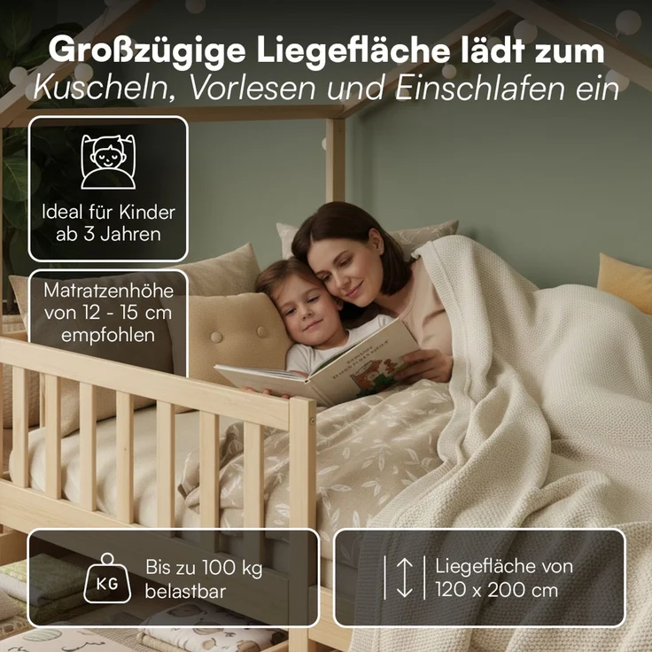 Bellabino 'Bia' Hausbett 120x200 cm mit 2 Schubladen, natur, Kiefer Massivholz, Montessori Kinderbett mit Stauraum, inkl. Rausfallschutz und Lattenrost – Bild 4