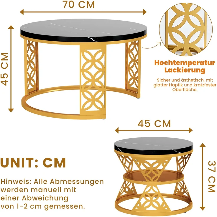 2er-Set runder Couchtisch aus Marmor-Furnier mit Metallrahmen & Kontrastdesign, 70x70x45 cm + 45x45x37 cm – Bild 10