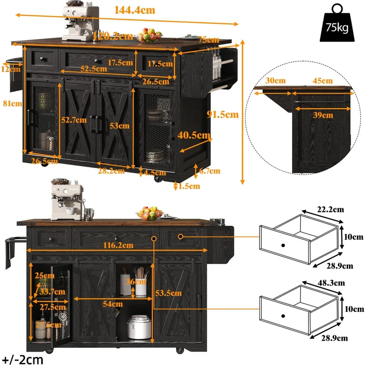 Küchenwagen 120,2x45,3/75x91,5 cm in Schwarz mit ausklappbarer Arbeitsplatte und Schubladen – Bild 4