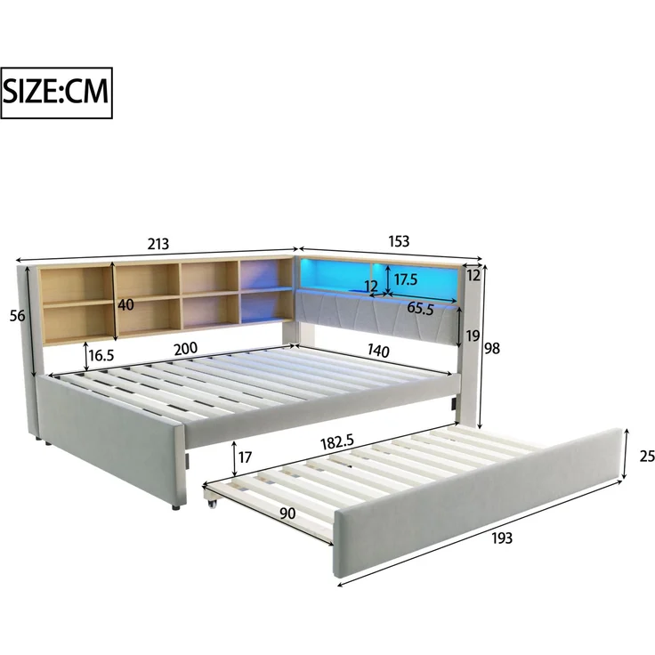 CHICFURN Bett aus Flanell Hellgrau 140x200 cm mit Ausziehbett 90x190 cm und LED-Beleuchtung – Bild 8