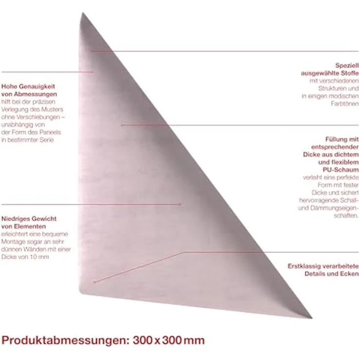 MOLLIS Polsterplatte, Dreieckiges und Dekoratives Wandpaneel, Geeignet als Bettkopfteil oder Aufprallschutz, Reduziert Schall und Verbessert Akustik, aus Schaumstoff, 30 x 30 cm, Lavendel – Bild 3