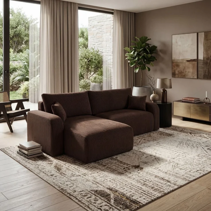 Wohnero24 Habana XL Ecksofa 279x153 cm mit Schlaffunktion 235x133 cm – Große Wohnlandschaft L-Form – Eckcouch mit Bettkasten – Cord Braun Sofa XL – Universal Montierbar – Bild 1
