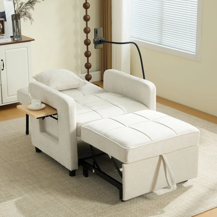 LVHOM Multifunktionaler Schlafsessel mit klappbarer Ablage, Ausziehbares 1-Sitzer Schlafsofa mit Handyhalter und Seitentaschen, Loungesessel, Beige – Bild 10