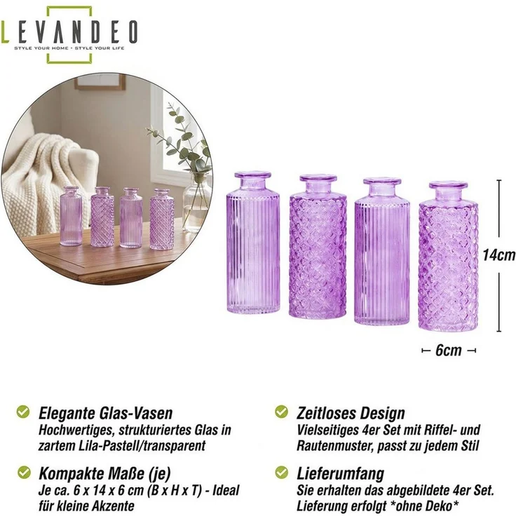 Levandeo® Dekovase, 4er Set Vase Glas Lila H14cm Violett Pastell Blumenvase Tischdeko – Bild 3