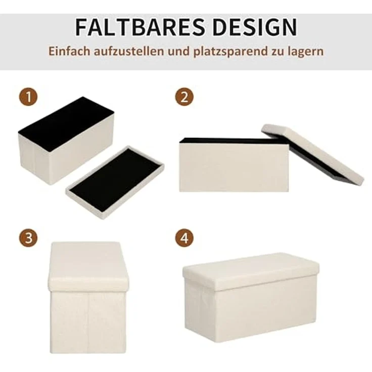 HOMCOM Sitzbank mit Stauraum, faltbar, mit Samtoptik, Sitztruhe (Truhenbank, 1-St, Polsterbank), für Flur Schlafzimmer Wohnzimmer, 76 x 38 x 38 cm Cremeweiß – Bild 5
