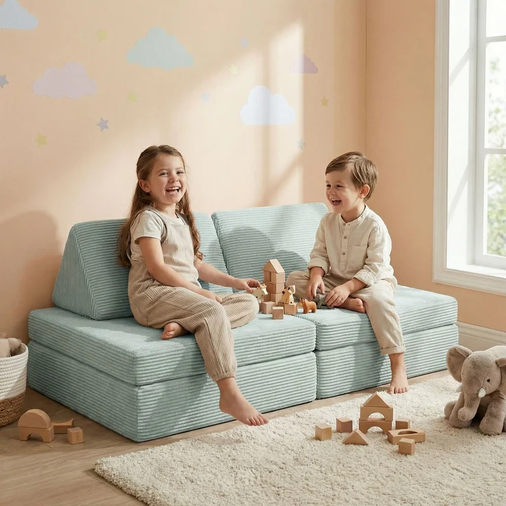 Bellabino 'Nile' Spielsofa mini, 4-tlg, Cord, türkis, faltbare Kindercouch, abnehmbarer & waschbarer Bezug, Kleinkindsofa aus Schaumstoff, bis 6 Jahre, Oeko-Tex zertifiziert – Bild 2