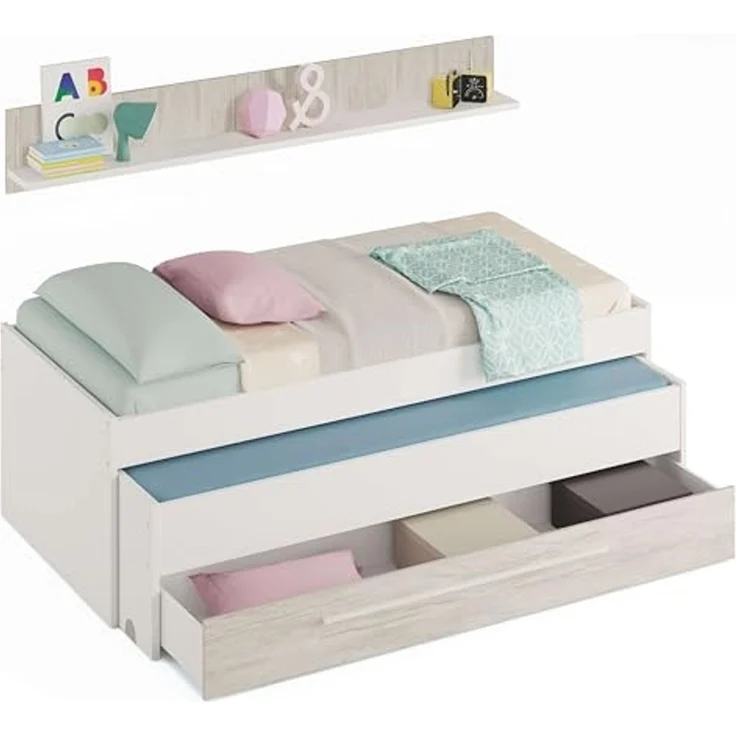 Habitdesign, Kinder- und Jugendbett mit 2 Liegeflächen, Schublade und Regal, platzsparendes Funktionsbett in Artik Weiß und Velho, Maße: 96 x 65 x 199 cm (B x H x T), Modell Elliot (ohne Lattenrost) – Bild 1