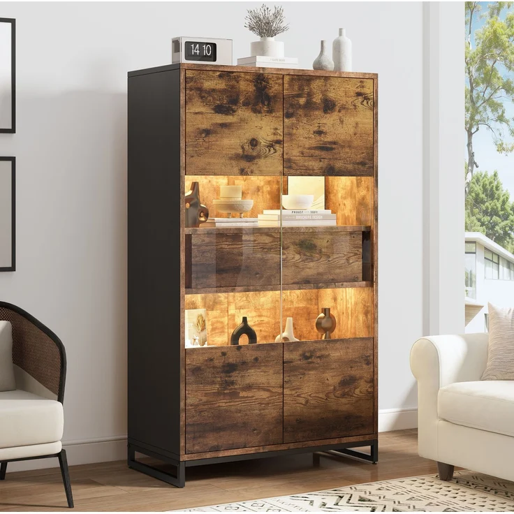 DESVIAE Vitrine mit LED-Beleuchtung, 2 Schubladen, 80x138x40 cm, MDF, Schwarz/Holzmaserung – Bild 1