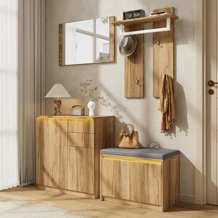 Flieks Garderoben-Set 4-teilig Flurmöbel-Set Kompaktgarderobe mit LED-Beleuchtung, (4-St), Spiegel Kleiderständer Haken Schuhschrank Schuhbank Holzoptik Natur – Bild 3