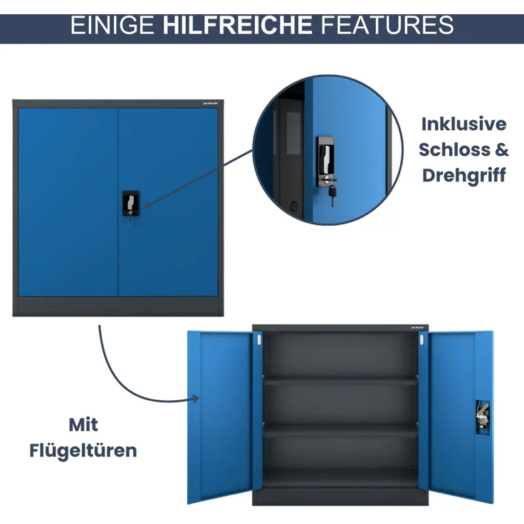 Aktenschrank abschließbar KADO - 3 Ebenen verstellbar, Flügeltüren | Metallschrank Werkstatt Mehrzweckschrank Büroschrank aus Stahl Werkzeugschrank, 93x90x40cm Anthrazit-Blau – Bild 5
