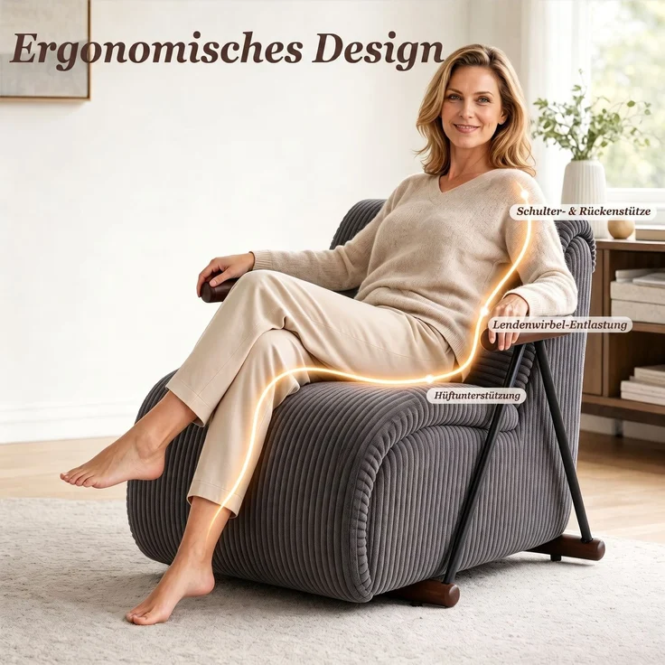 LVHOM Relaxsessel mit Lattenrost, ergonomischer Fernsehsessel, gepolsterter Loungesessel mit Armlehnen, XXL Lesesessel für Wohn- und Schlafzimmer, Cord Grau – Bild 3