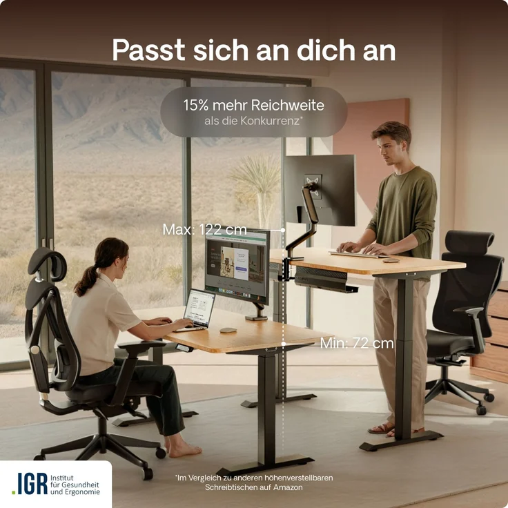 Desktronic HomeOne Elektrisch höhenverstellbarer Schreibtisch 120x60cm Bambus/Schwarz mit Memory-Funktion, Anti-Kollisions Technologie, USB-A und USB-C-Ladeanschlüssen – Bild 7