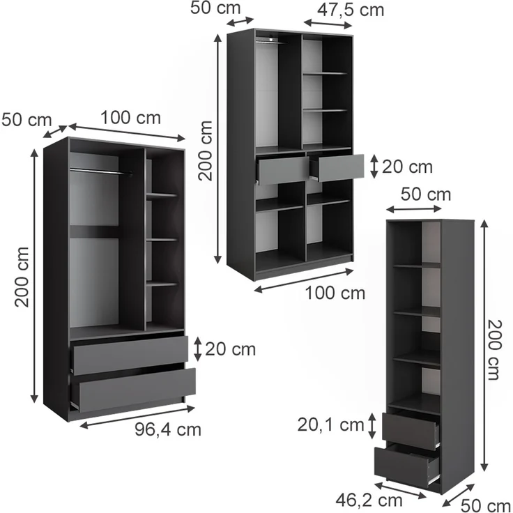 Kleiderschrank Elmo Anthrazit 100 x 200 cm 3er Set Vicco – Bild 2