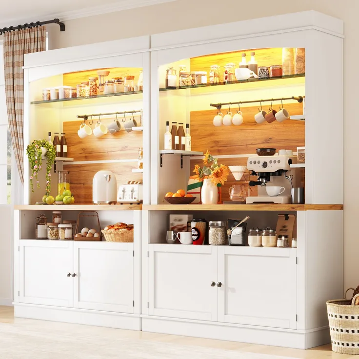 TavilaEcon Küchenbuffet 184cm hoher Buffetschrank, Hochschrank mit LED-Beleuchtung & Glasregal weiß 184 × 43 × 107 cm (H × T × B) – Modell N620GG251105W-2