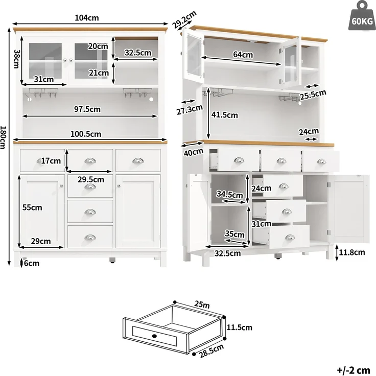 Seitenboard / Aufbewahrungsschrank / Küchenschrank / Buffetschrank, 104x40x180cm, Landhausstil, 4 Türen, mit LED-Lichtleiste & Getränkehaltern, Grün/Weiß--Weiß--104x40x180cm--YOUDENOVA – Bild 8