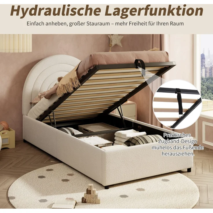 Kinderbett mit Stauraum und Kopfteil, 90x200 cm, Polsterbett mit Lattenrost, Einzelbett, Boucle – Bild 4